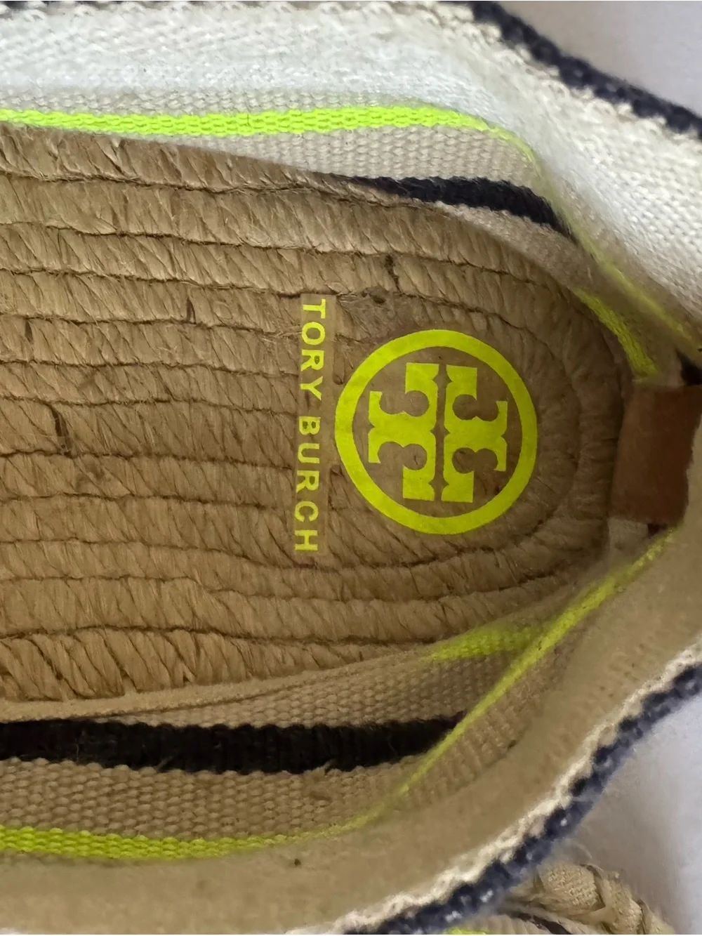 Tory Burch Neutral Canvas Espadrilles with Navy & Neon Yellow Accents